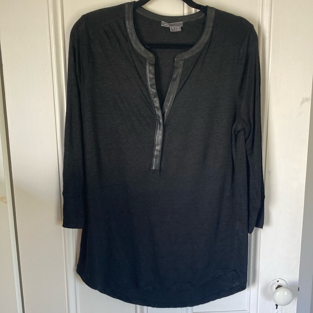 Vince Black Linen Tunic with Leather Trim with 3/4 Sleeves and Mandarin Collar